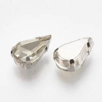 Страз стеклянный в оправе, 13х8мм, пришивной, форма удлиненная капля, бледно-желтый, оправа стального цвета, 1 шт.