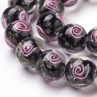 Бусина лэмпворк, 12мм, со спиральным узором, черная с розовым, 2 шт.