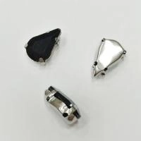 Стразы стеклянные в оправе, 13х8мм, пришивной, форма удлиненная капля, непрозрачный черный, оправа стального цвета, 5 грамм