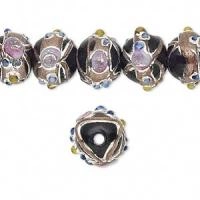 Бусина лэмпворк, 11х9мм, с золотистым узором, фиолетовая, 2 шт.