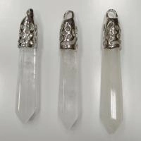 Подвеска каменная, 65х13мм, в форме кристалла, базовый материал - камень, горный хрусталь с резным держателем стального цвета, 1 шт.