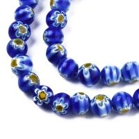 Бусины миллефиори, 6мм, синие с бело-жёлтыми цветами, 60 шт., низка