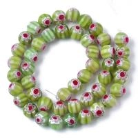 Бусины миллефиори, 8мм, светло-зеленые с красно-белыми цветами, 46 шт., низка