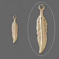 Подвеска, 20х4мм, перо, базовый материал - латунь, позолоченное, 5 шт.