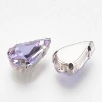 Страз стеклянный в оправе, 13х8мм, пришивной, форма удлиненная капля, сиреневый, оправа стального цвета, 5 грамм
