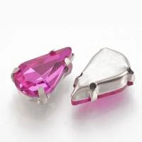 Страз стеклянный в оправе, 13х8мм, пришивной, форма удлиненная капля, ярко-розовый, оправа стального цвета, 5 грамм