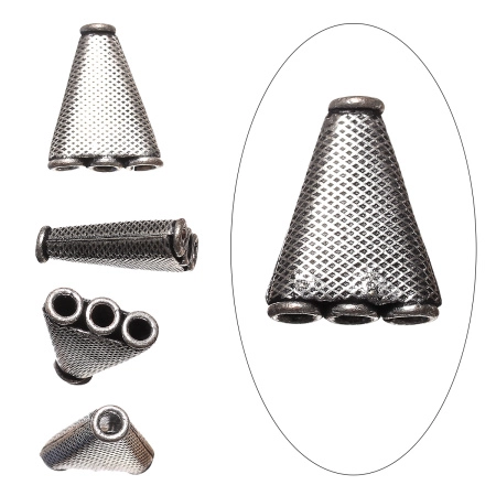 Соединитель-переходник, 21.5х16х6мм, Индия, треугольный, в сеточку, с тремя отверстиями, базовый материал - латунь, посеребренный с чернением, 2 шт.