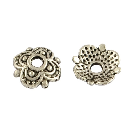 Шапочка для бусин (обниматель), 8х2.5мм, цветочек с четырьмя лепестками, базовый материал - цинковый сплав, стиль тибетское серебро, 5 грамм
