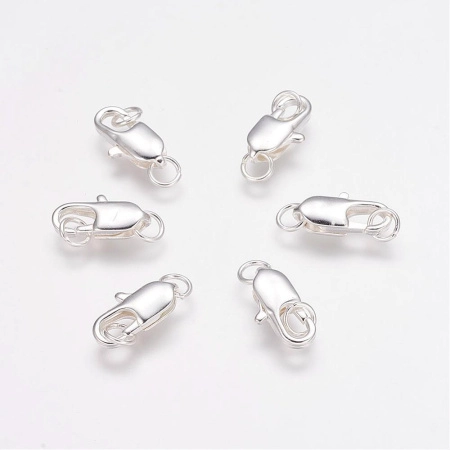 Застежка, 14х7мм, карабин продолговатый с соединительными колечками, базовый материал - латунь, серебристого цвета, 1 шт., УЦЕНКА