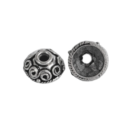 Шапочка для бусин (обниматель), 12х6мм, Индия, Тибет со спиральным узором, базовый материал - латунь, посеребренный с чернением, 5 шт.