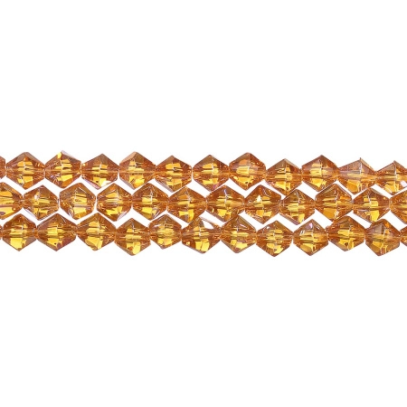 Бусины стеклянные, 6мм, граненые, биконусы, янтарные с радужным покрытием, 50 шт., низка Бусины стеклянные, 6мм, граненые, биконусы, янтарные с радужным покрытием, 50 шт., низка