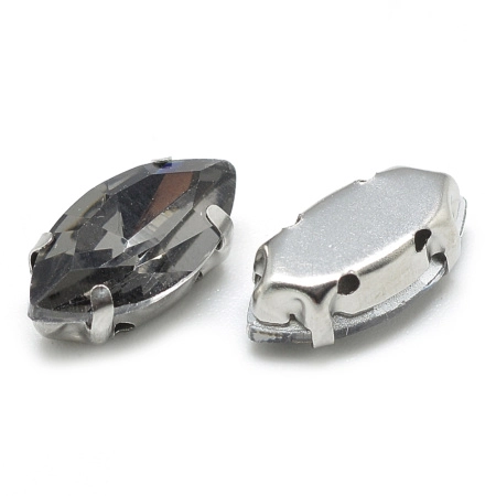 Стразы стеклянные в оправе, 12х6мм, пришивной, форма челнок, серый, оправа стального цвета, 5 грамм
