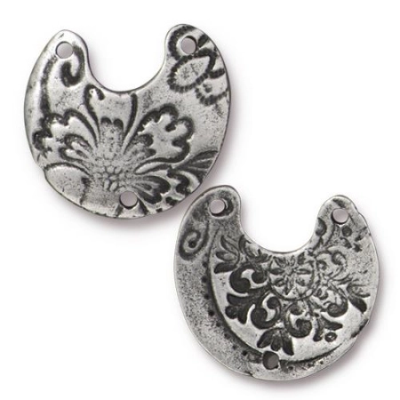 Коннектор, 21х20х1.5мм, TierraCast, Полумесяц флора, с тремя отверстиями, базовый материал - оловянный сплав, под античное серебро, 1 шт.