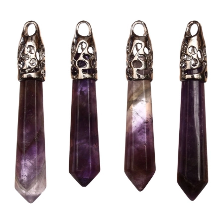 Подвеска каменная, 65х13мм, в форме кристалла, базовый материал - камень, аметист с резным держателем стального цвета, 1 шт.
