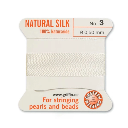 Нить шелковая, Griffin No.3 (0.5мм), молочно-белая, с иглой, моток, 2 метра