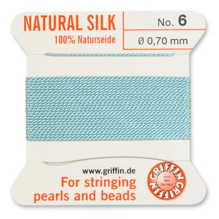 <p>Прочная нить из высококачественного натурального 100% шелка, произведена компанией Griffin (Германия). К нити прикреплена проволочная иголочка. Идеально подходит для использования с жемчугом и натуральными камнями. Цвет бирюзово-голубой (turquoise). Оттенок может немного отличаться от фотографии. Толщина около 0,7 мм. Цена за моток 2 метра.</p>