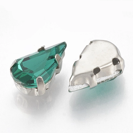 Стразы стеклянные в оправе, 13х8мм, пришивной, форма удлиненная капля, изумрудный, оправа стального цвета, 5 грамм