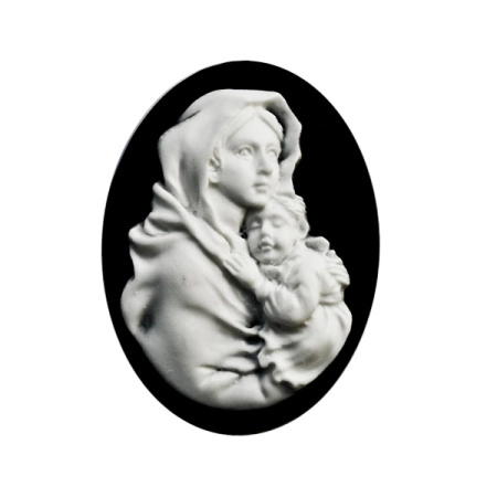 Камея акриловая, 40х30мм, дева Мария с младенцем, белая на черном, 1 шт., УЦЕНКА