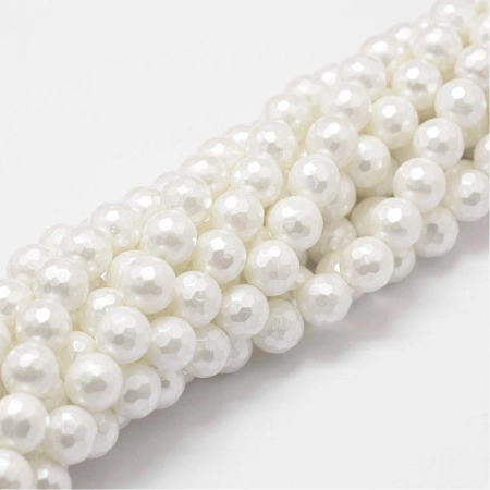 Бусина из ракушки, 6мм, жемчуг Майорика, граненый, белый, 32 шт., низка