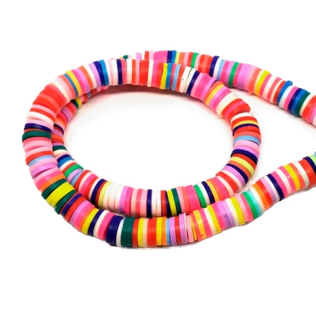 <p>
 Плоские круглые бусины - чипсы (диски, рондели heishi) ручной работы из полимерной глины (пластики). Бусины могут немного отличаться по форме и размеру. Оттенок может отличаться от фотографии. Цвет: микс цветов в ярких тонах, в низке могут попадаться цвета, не представленные на фотографии. Бусины довольно мягкие, гибкие, напоминают каучук. Цена за низку длиной около 43 см, около 350-400 бусин.
</p>