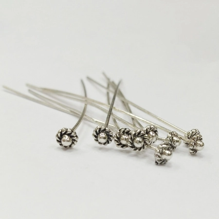 Пины с фигурной головкой, 54х0.723мм, диаметр головки 4мм, базовый материал - латунь, посеребренные с чернением, 10 шт., УЦЕНКА