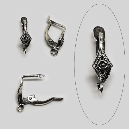 Швензы закрытые, 16х5.5мм, с английским замком, Ромб узорный, базовый материал - латунь, посеребренные с чернением, пара