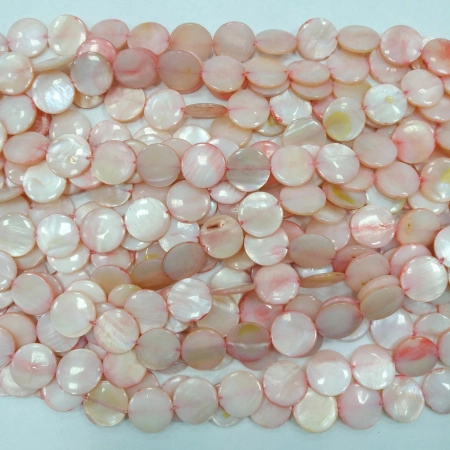 Бусина перламутр, 14х3мм, плоский круг, розовый, 26 шт., низка