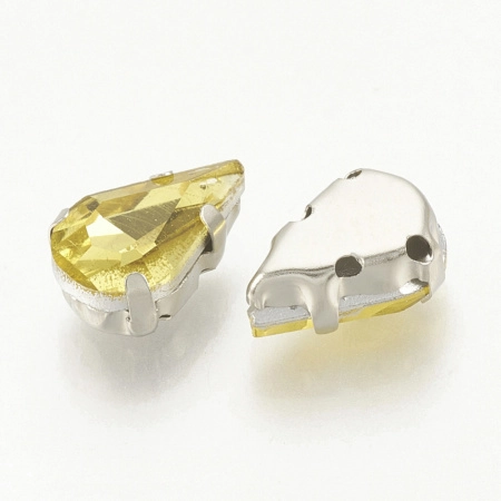 Стразы стеклянные в оправе, 13х8мм, пришивной, форма удлиненная капля, желтый, оправа стального цвета, 5 грамм