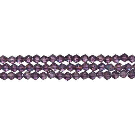 Бусины стеклянные, 4-5мм, граненые, биконусы, аметистовые с радужным покрытием, 78 шт., низка Бусины стеклянные, 4-5мм, граненые, биконусы, аметистовые с радужным покрытием, 78 шт., низка