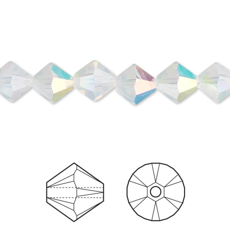 Бусина Swarovski, 8мм, Биконус (#5328), белый опал с AB (цвет 234AB), 1 шт.