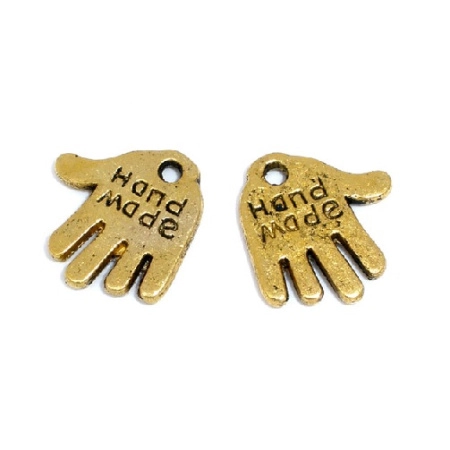 Подвеска, 13х12мм, ладошка hand made, базовый материал - цинковый сплав, золотистая с чернением, 1 шт.