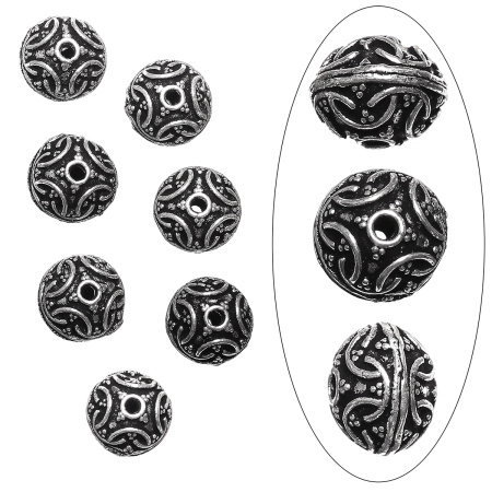 Бусина металлическая, 12х10мм, Индия, филигранная рондель Восток, базовый материал - латунь, посеребренная с чернением, 1 шт.