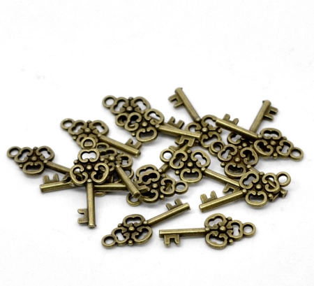 Подвеска, 23х9.5мм, ключ с цветком, базовый материал - цинковый сплав, бронзовый, 1 шт.
