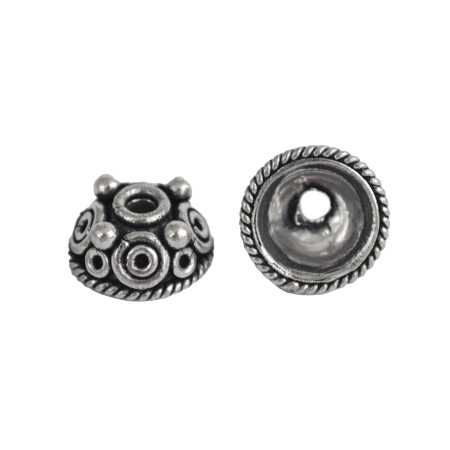 Шапочка для бусин (обниматель), 13х7мм, Индия, концентрическими окружностями и шариками, базовый материал - латунь, посеребренный с чернением, 2 шт.