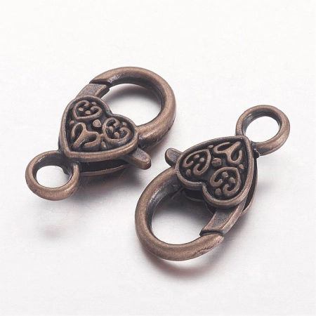 Застежка, 26х14мм, карабин, сердечко с узором, базовый материал - цинковый сплав, медное с чернением, 2 шт.