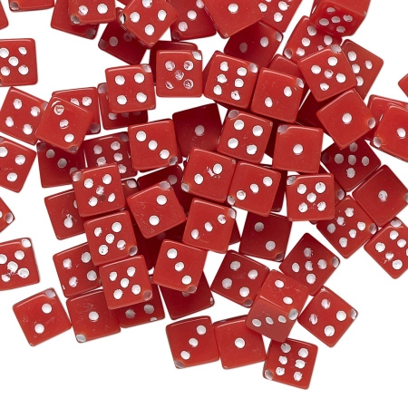 Бусина акриловая, 7мм (длина грани 5мм), кубик игральный, красный, 1 шт.