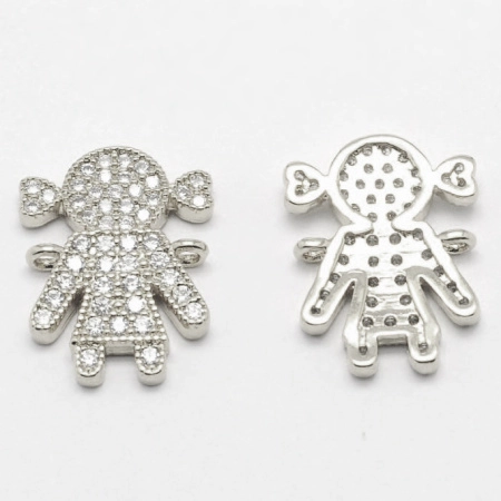 Коннектор, 18.5х13.5мм, Milano, Девочка, с фианитами, базовый материал - латунь, под родий, 1 шт.