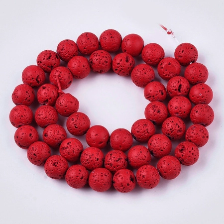 Бусины каменные, вулканическая лава, красная, 6-7мм, 60 шт., низка, УЦЕНКА