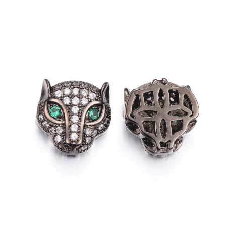 Бусина металлическая, 11х11х6.5мм, Milano, Леопард с зелеными глазами, с фианитами, базовый материал - латунь, вороненая сталь, 1 шт.