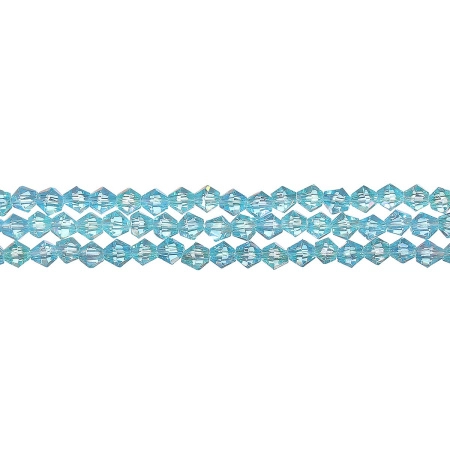 Бусины стеклянные, 4-5мм, граненые, биконусы, бирюзово-голубые с радужным покрытием, 78 шт., низка Бусины стеклянные, 4-5мм, граненые, биконусы, бирюзово-голубые с радужным покрытием, 78 шт., низка