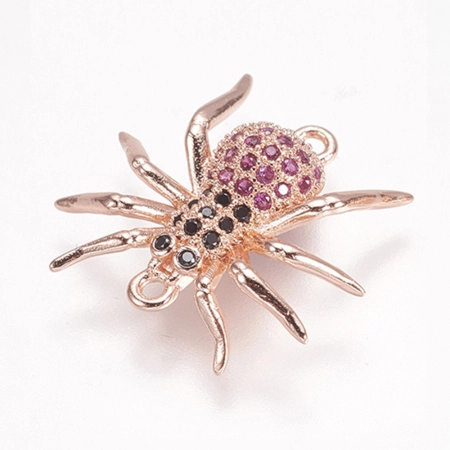Коннектор, 17.5х17х4мм, Milano, насекомое, Паук, с черными и малиновыми фианитами, базовый материал - латунь, под розовое золото, 1 шт.