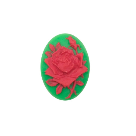 Камея акриловая, 25х18мм, роза, красная на зеленом, 1 шт.
