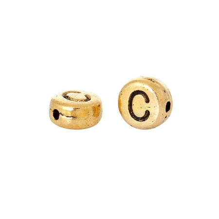 Бусина металлическая, 7х4мм, буква C, базовый материал - цинковый сплав, золотистая с чернением, 15 шт.