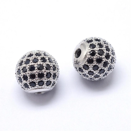 Бусина металлическая, 8мм, Milano, Шарик, с черными фианитами, базовый материал - латунь, под родий, 1 шт., УЦЕНКА