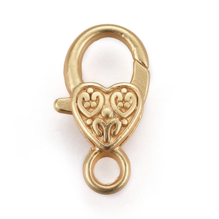 Застежка, 27х14мм, карабин, сердечко с узором, базовый материал - цинковый сплав, матовый позолоченный, 2 шт.