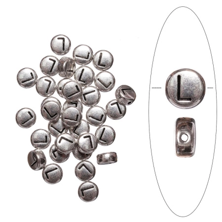 Бусина металлическая, 7х4мм, буква L, базовый материал - цинковый сплав, серебристая с чернением, 10 шт.