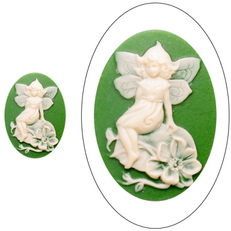 Камея акриловая, 25х18мм, феечка на листике, слоновая кость на ярко-зеленом, 1 шт.