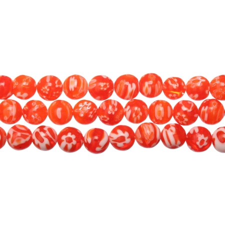 Бусины миллефиори, 8мм, оранжевые с белым, 45 шт., низка