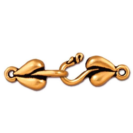 Застежка, 17х8мм, TierraCast, крючок с ответной частью, Лист, базовый материал - оловянный сплав, позолоченный с чернением, 1 шт.