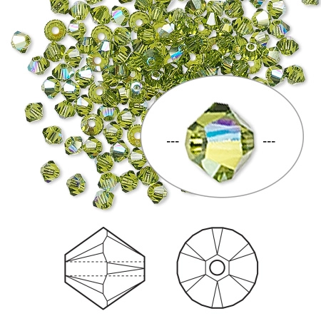 Бусина Swarovski, 3мм, Биконус (#5328), оливин с AB (цвет 228AB), 10 шт.